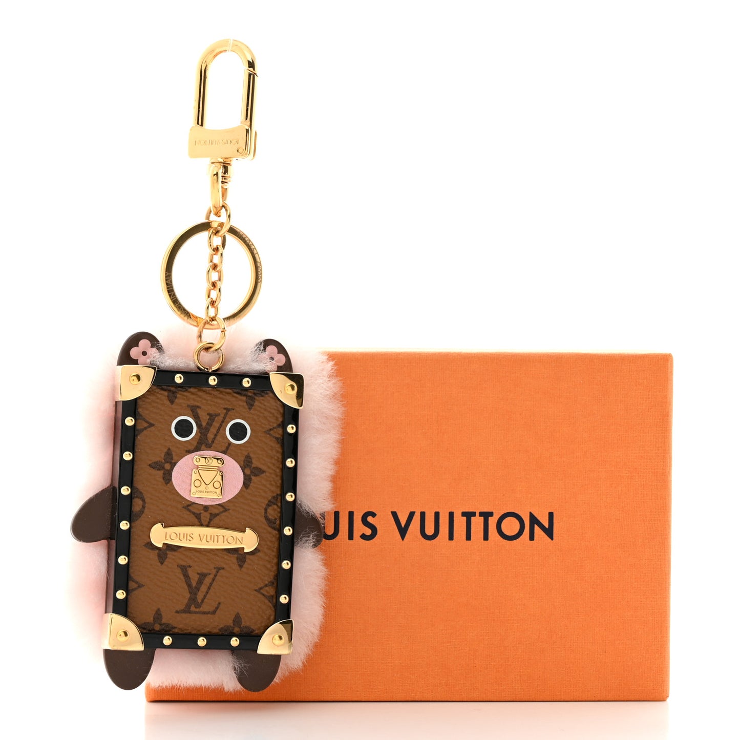 Mink Fur Reverse Monogram Eye-Trunk Bear Bag Charm Key Holder
