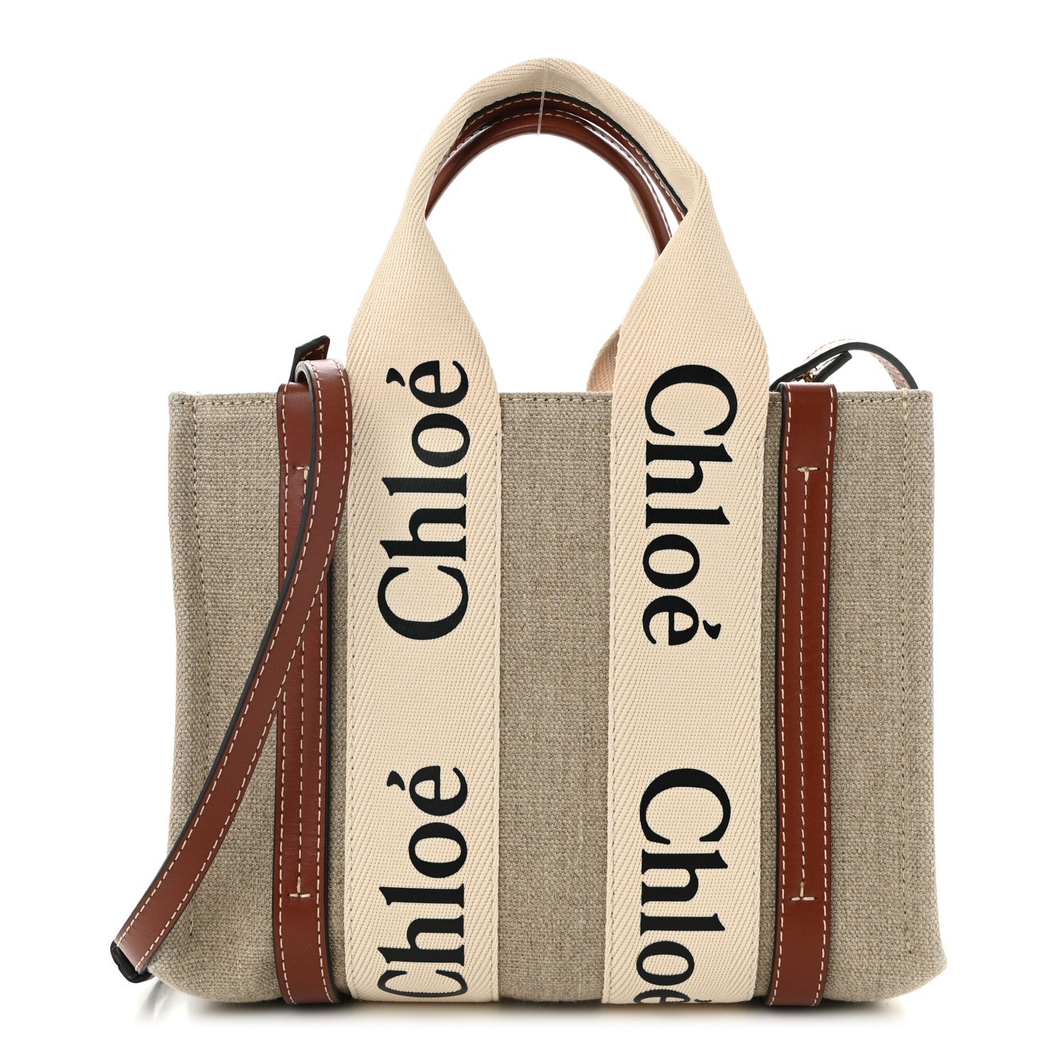 Chloe Cotton Calfskin Small Woody Ribbon Tote With Strap White Brown 1 of 10
