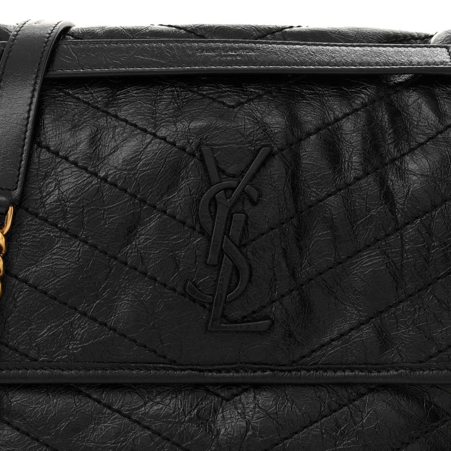 Crinkled Calfskin Matelasse Monogram Medium Niki Chain Satchel Black