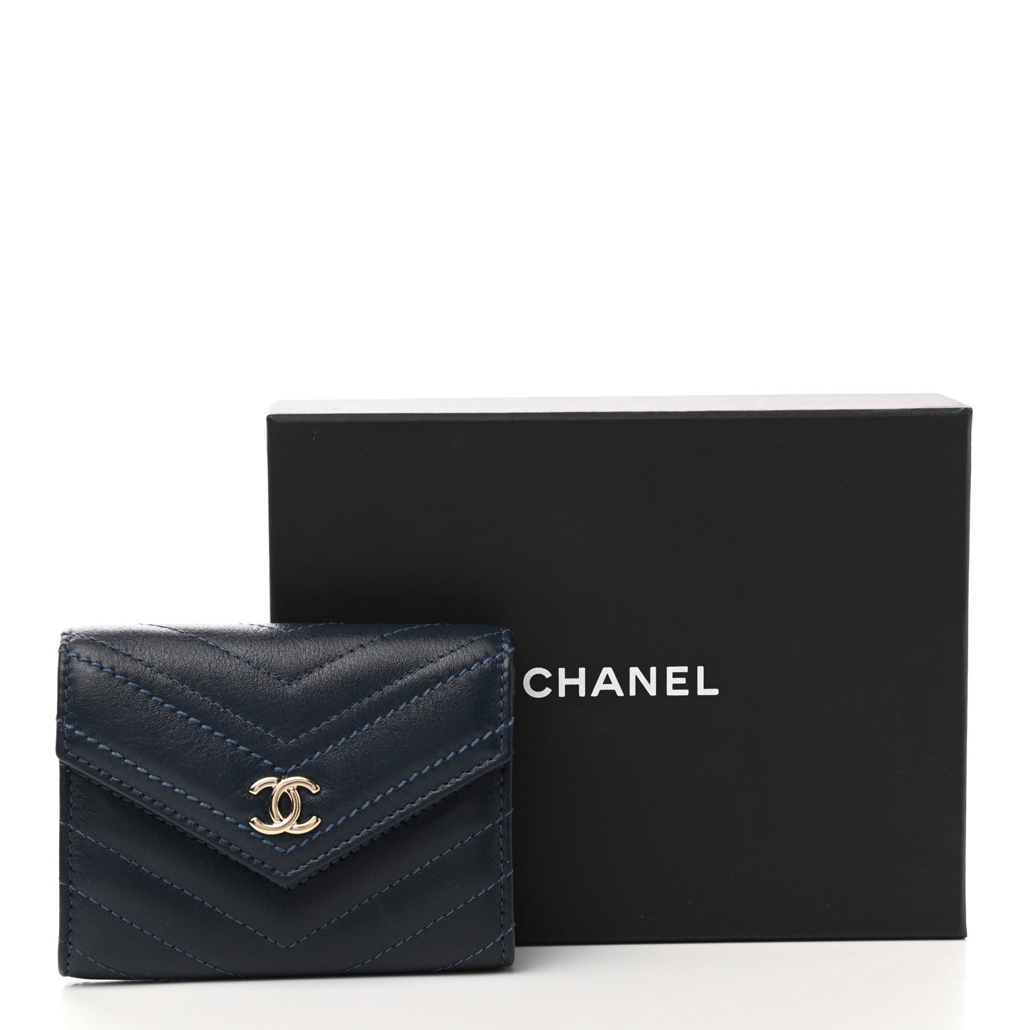 Chanel Goatskin Chevron Quilted Card Holder Flap Wallet Blue 9 of 9