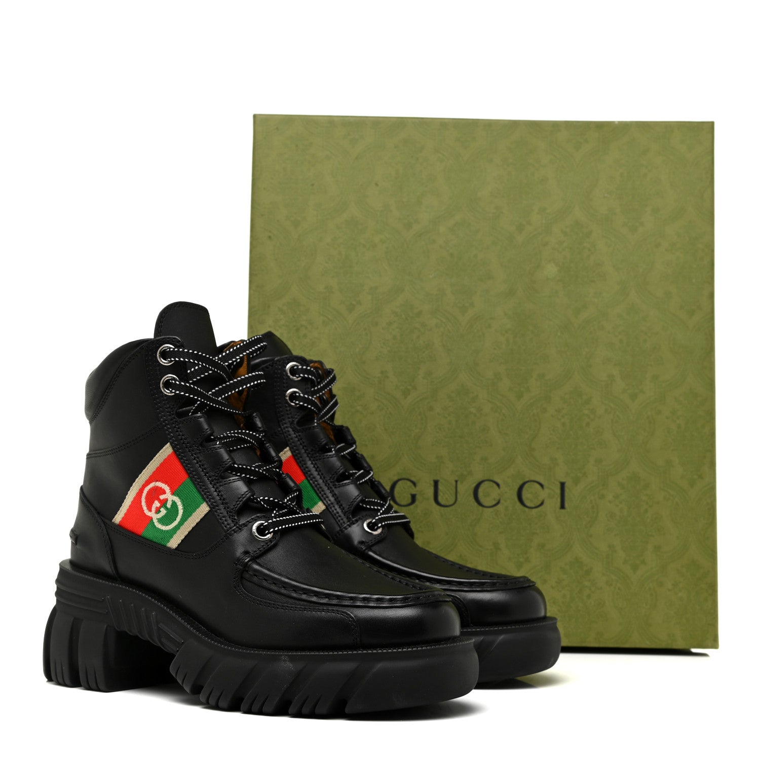 Gucci Quebec Calfskin Web Womens Interlocking G Lace Up Combat Boots 37 Black Mystic White Green Red 11 of 11