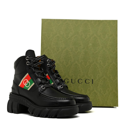 Gucci Quebec Calfskin Web Womens Interlocking G Lace Up Combat Boots 37 Black Mystic White Green Red 11 of 11