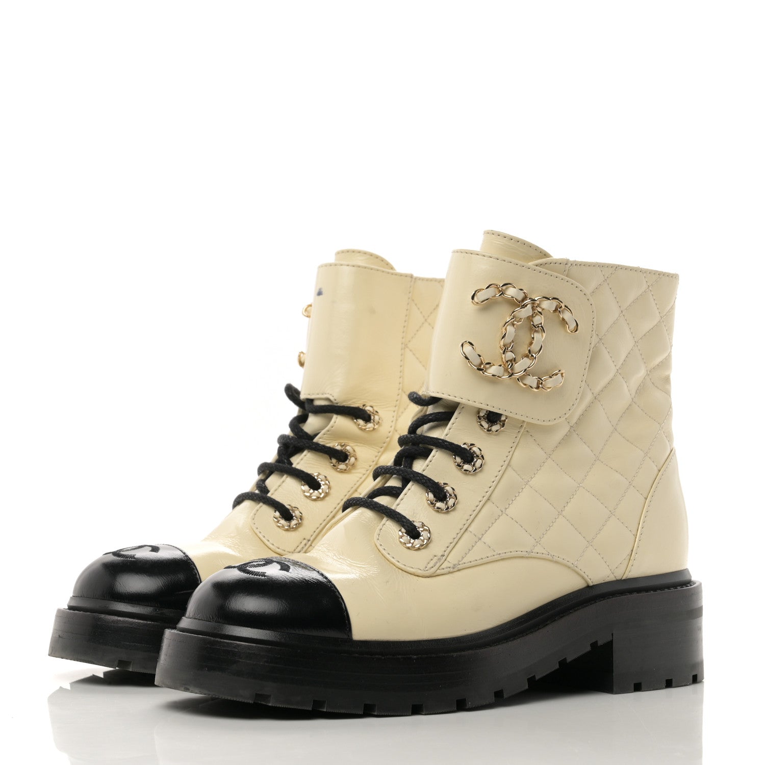 Chanel Shiny Goatskin Calfskin Quilted Lace Up Combat Boots 36 Ivory Black 4 of 10