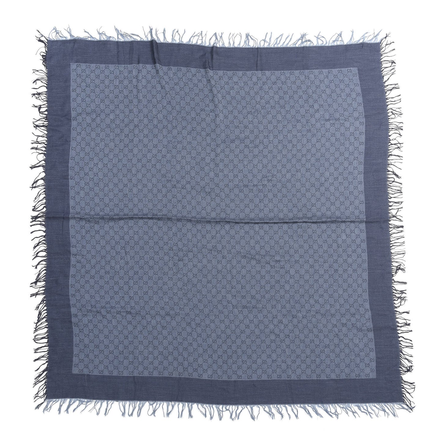 Cotton Silk Monogram Fringe Scarf Blue