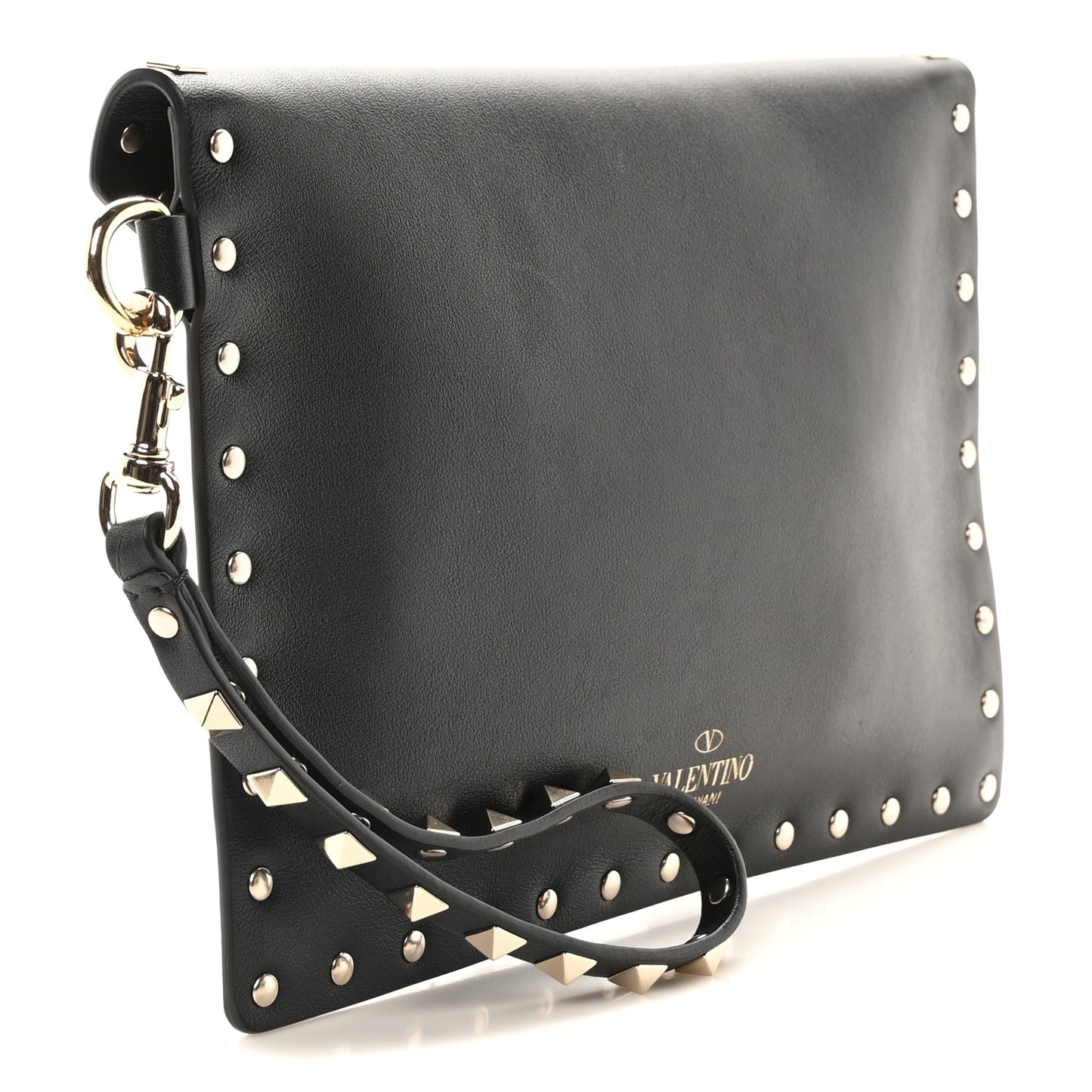 Vitello Medium Rockstud Envelope Flat Wristlet Pouch Black