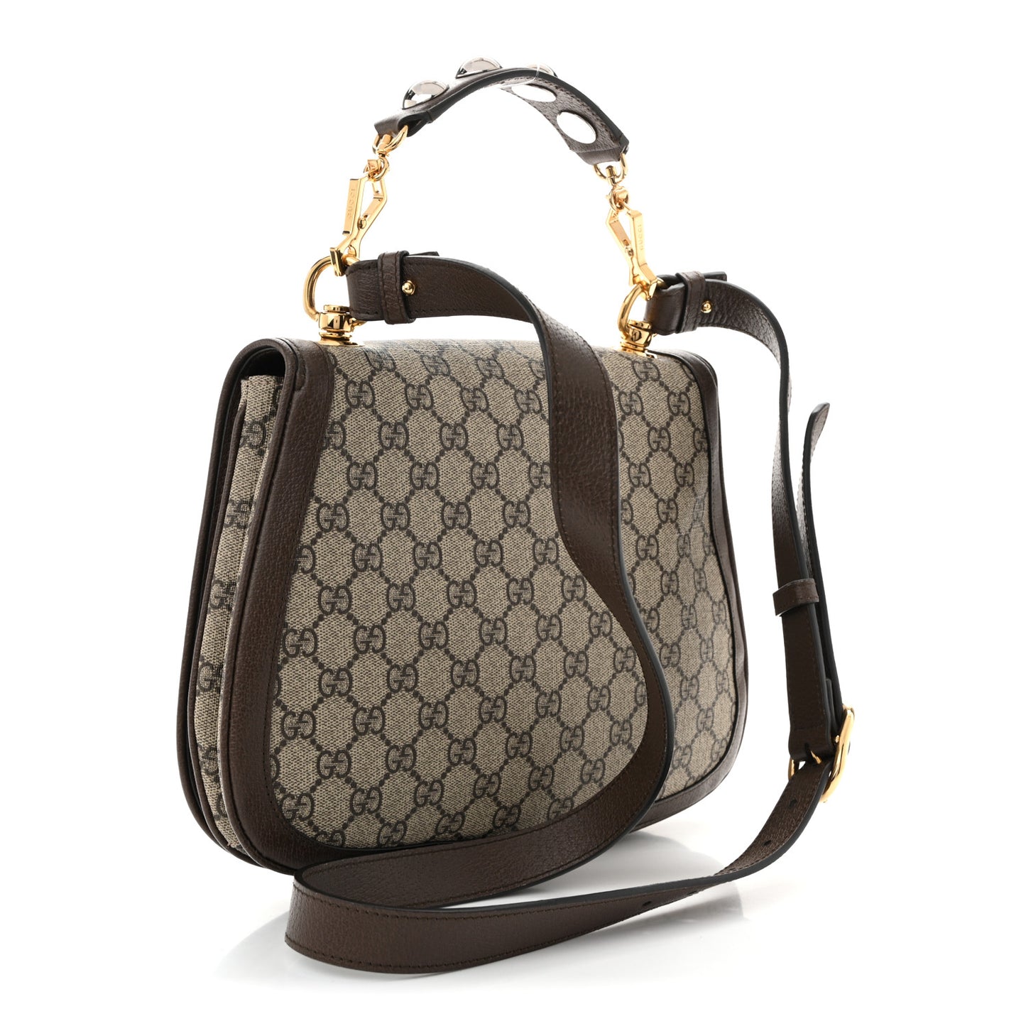 GG Supreme Monogram Textured Dollar Calfskin Web Medium Blondie Top Handle Shoulder Flap Bag Beige Ebony New Acero