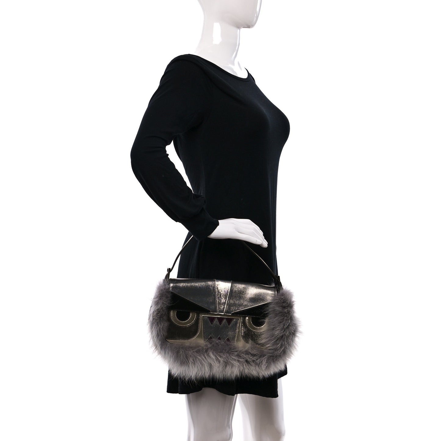 Metallic Saffiano Fox Fur Monster Baguette Gray