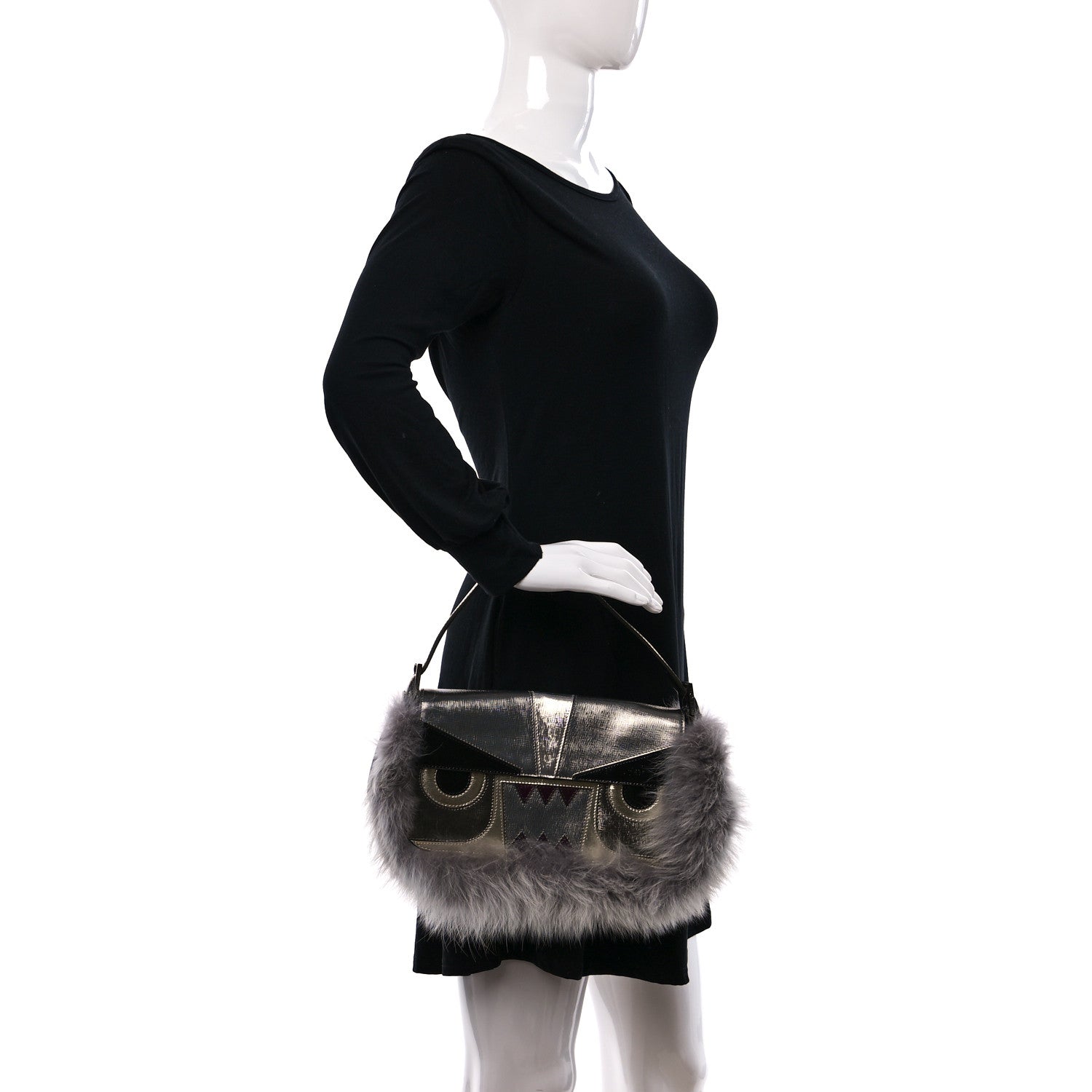Fendi Metallic Saffiano Fox Fur Monster Baguette Gray 2 of 9