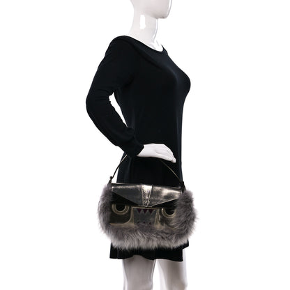 Fendi Metallic Saffiano Fox Fur Monster Baguette Gray 2 of 9