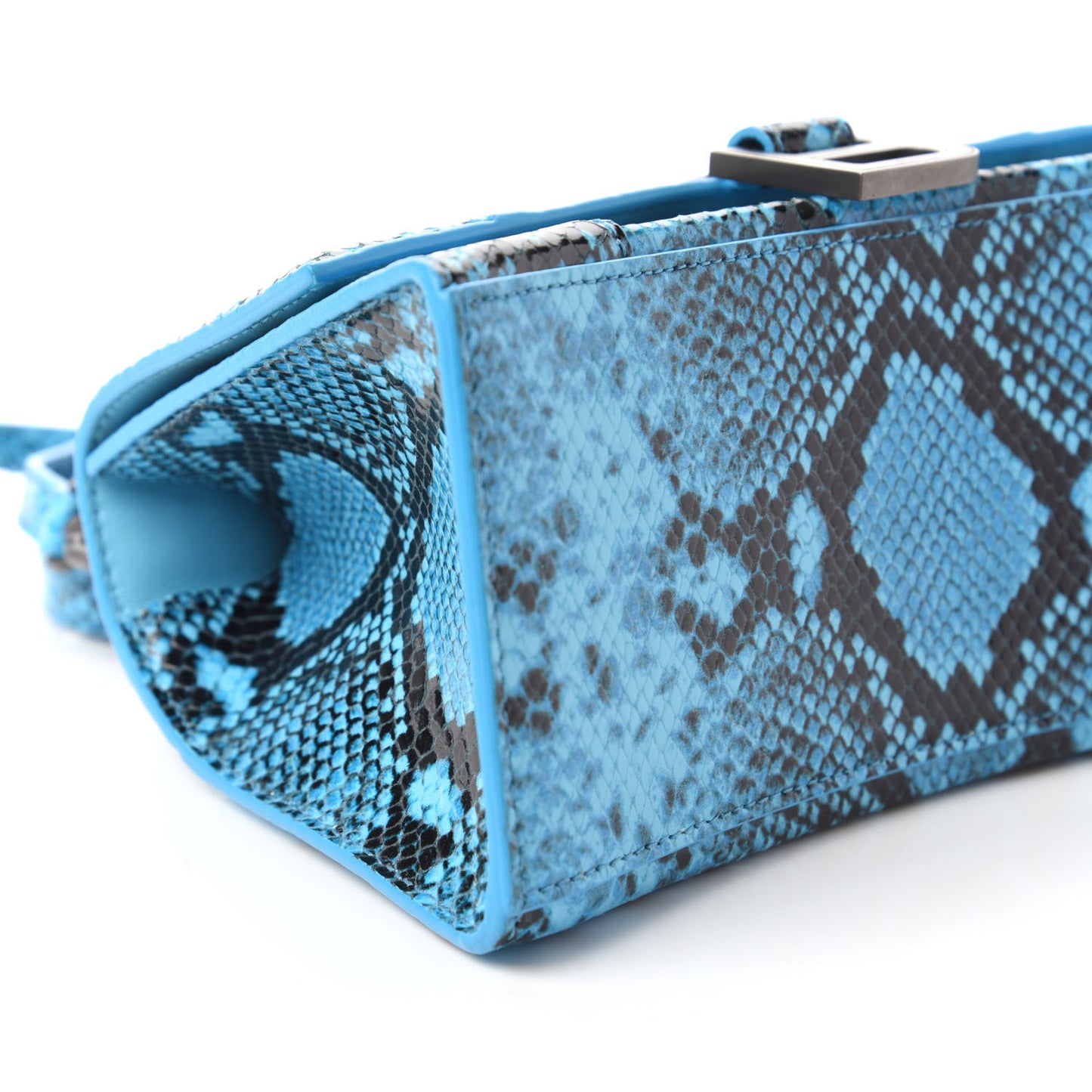 Shiny Calfskin Python Effect Small Hourglass Top Handle Bag Azur Black