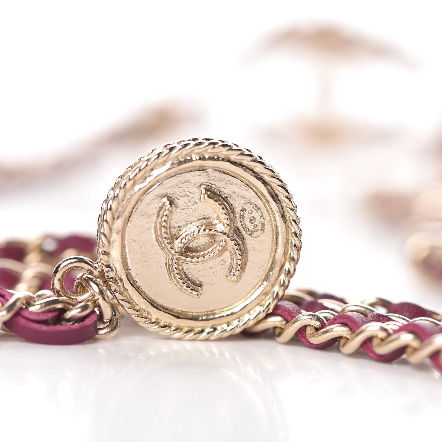 Metal Lambskin CC Chain Link Necklace Gold Burgundy