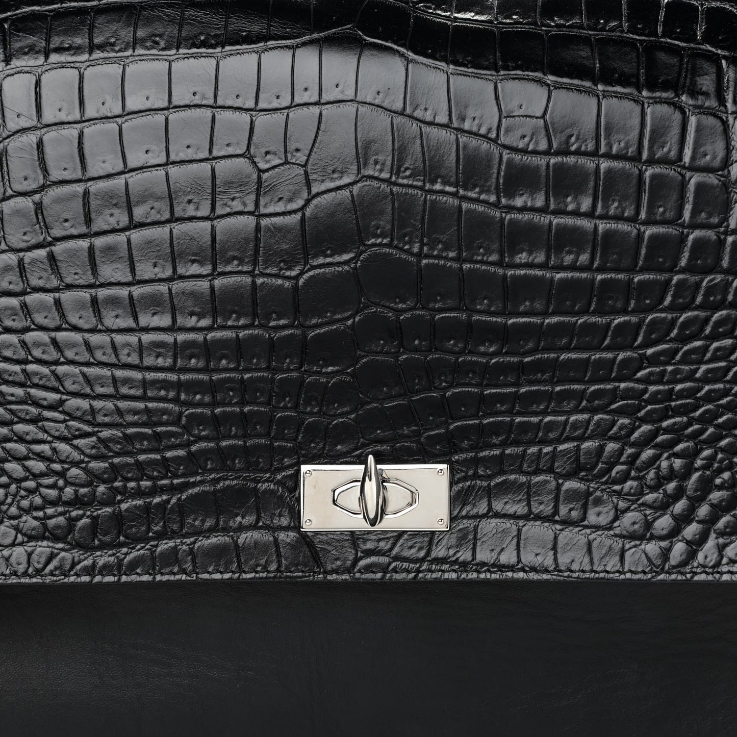 Calfskin Crocodile Embossed Medium Shark Lock Satchel Black