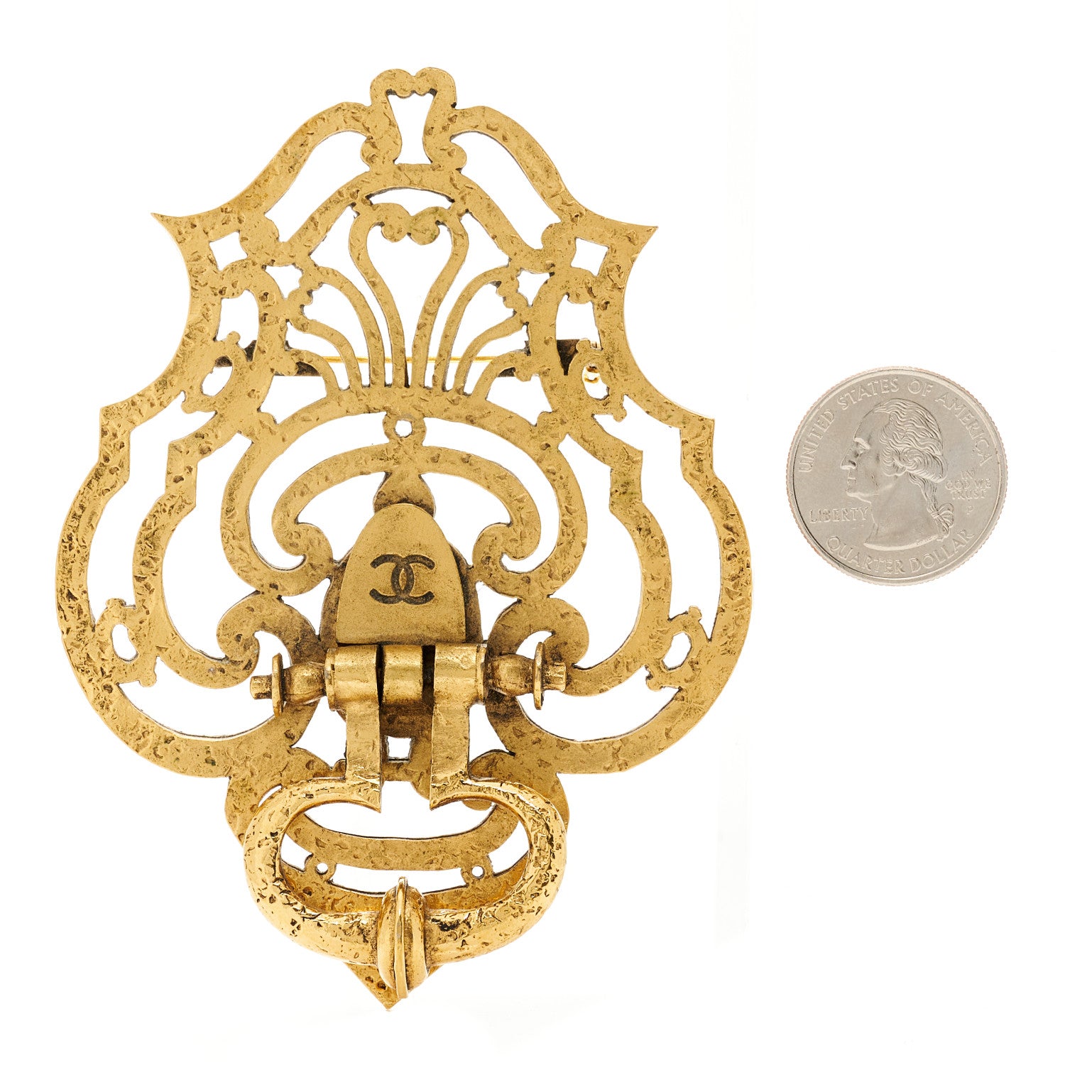 Chanel Metal Door Knocker Brooch Gold 2 of 3
