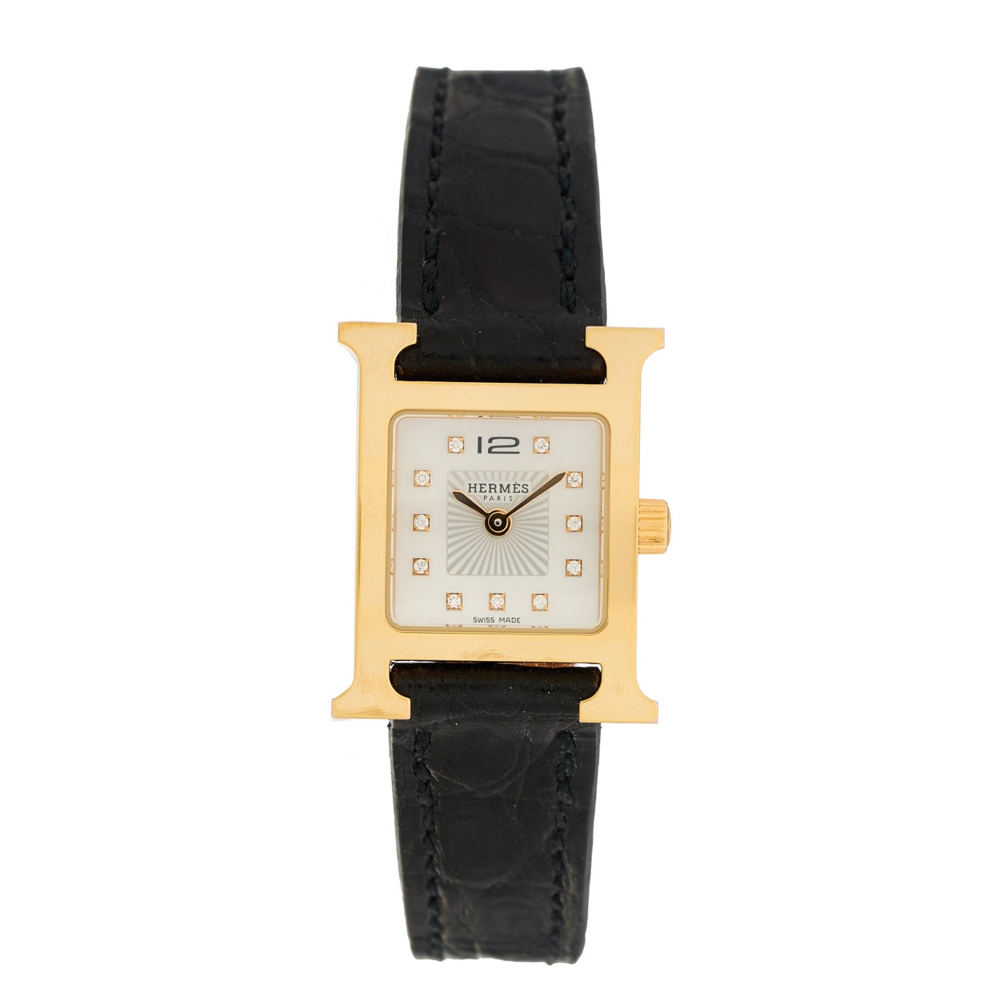 Stainless Steel Alligator Diamond Mother of Pearl 17.2mm Heure H Hour Quartz Watch Noir