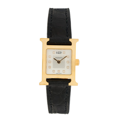 Hermes Stainless Steel Alligator Diamond Mother of Pearl 17.2mm Heure H Hour Quartz Watch Noir 1 of 5