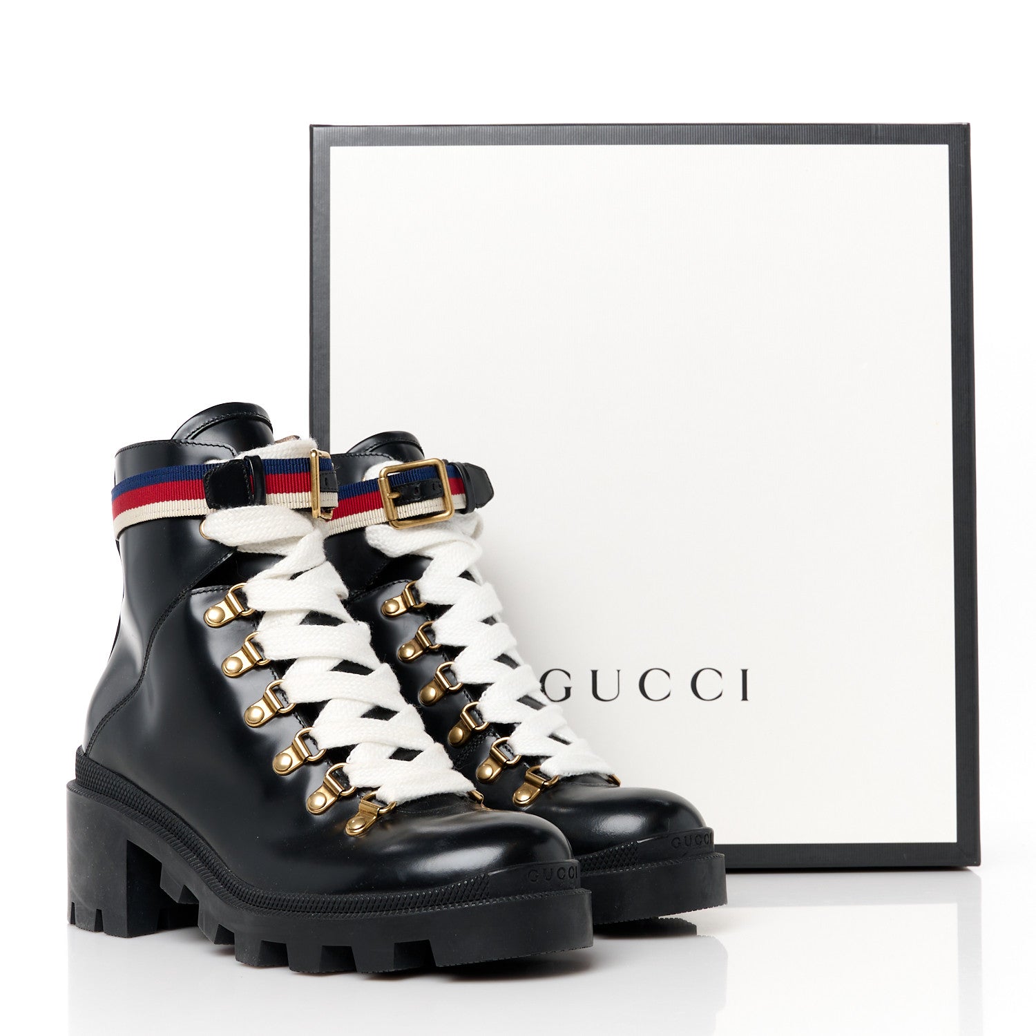 Gucci Calfskin Sylvie Web Womens Lace Up Combat Boots 37 Black 10 of 10