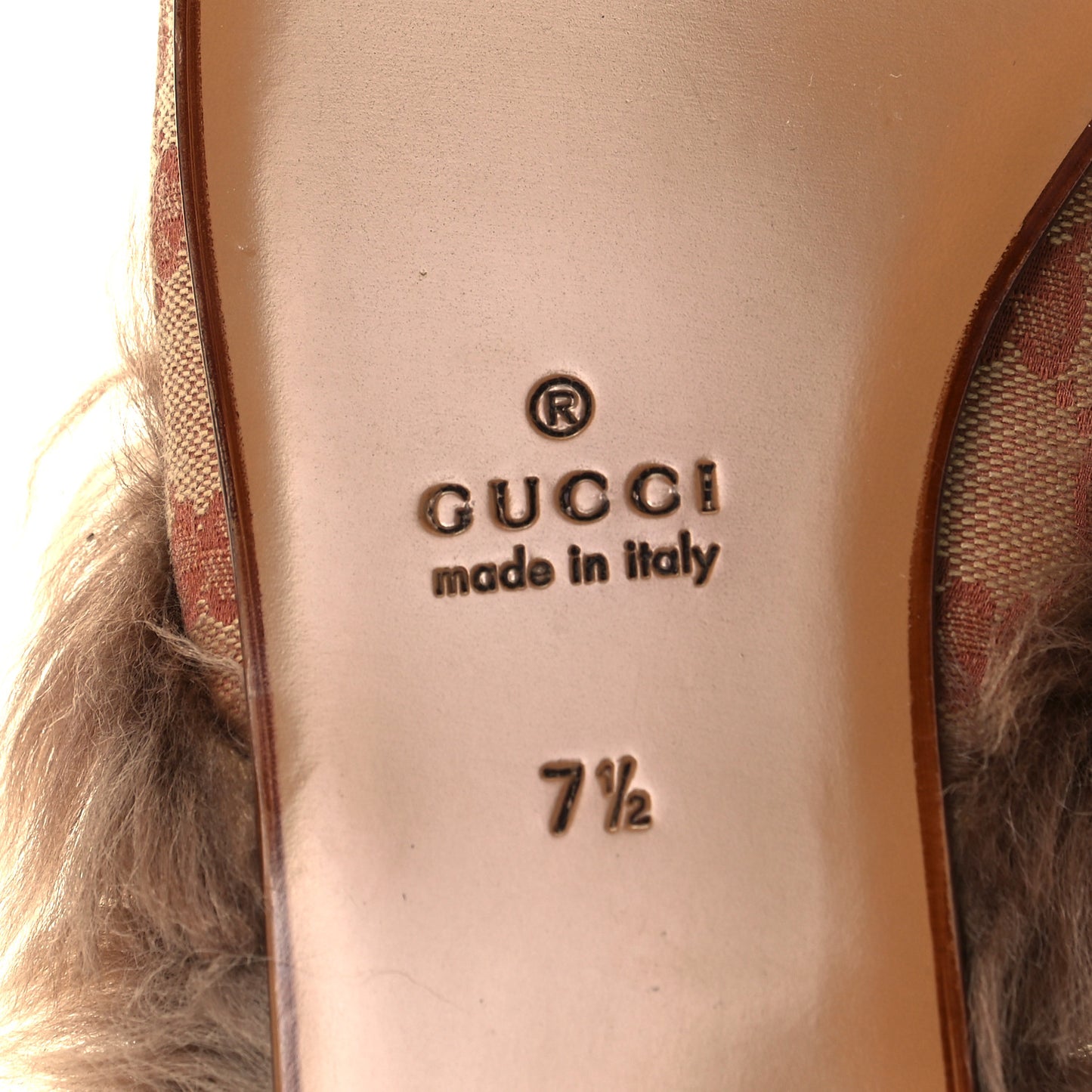 GG Monogram Fur Mens Princetown Slippers 7.5 Beige Ruggine Rust