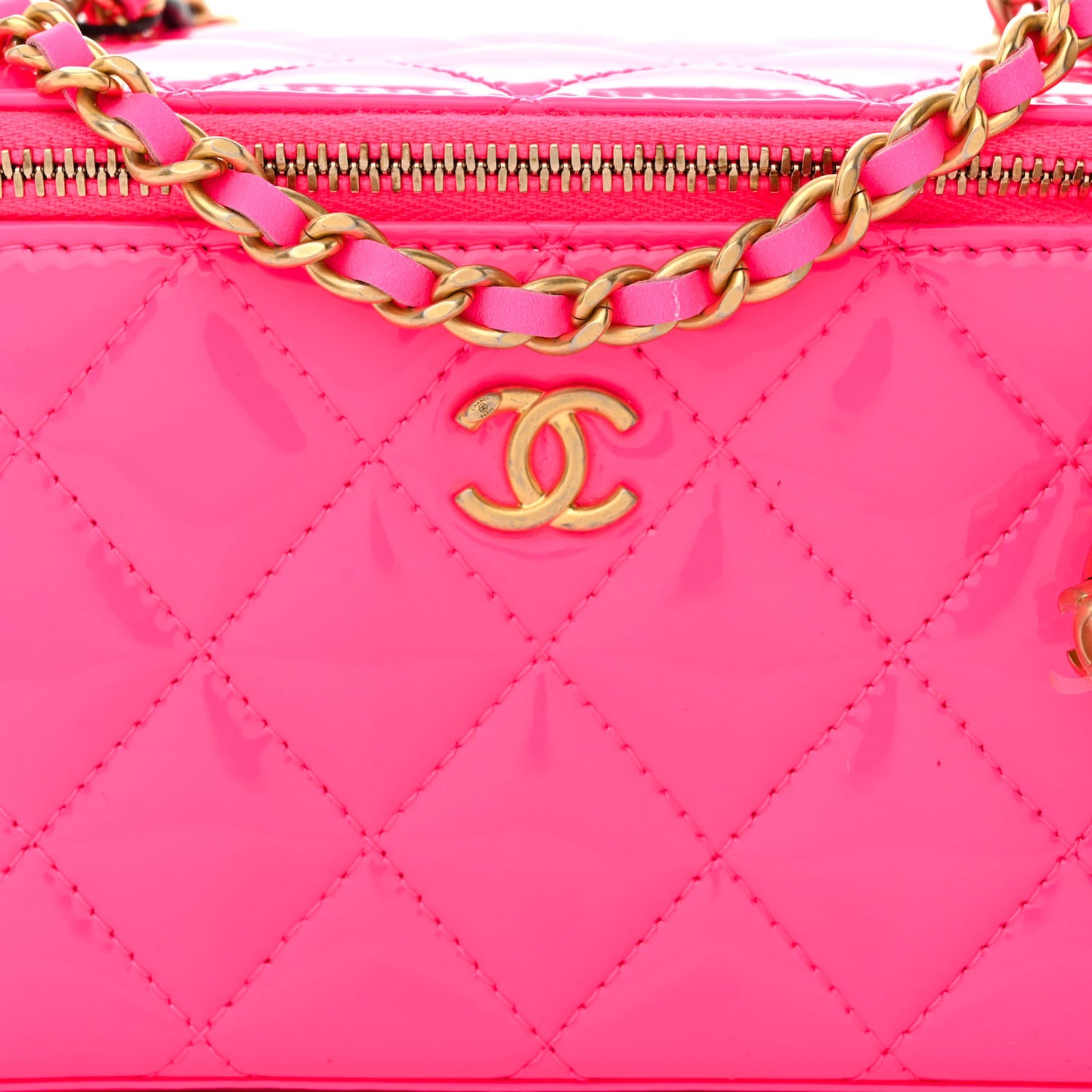 Patent Quilted Pearl Crush Small Vanity Case With Chain Neon Pink