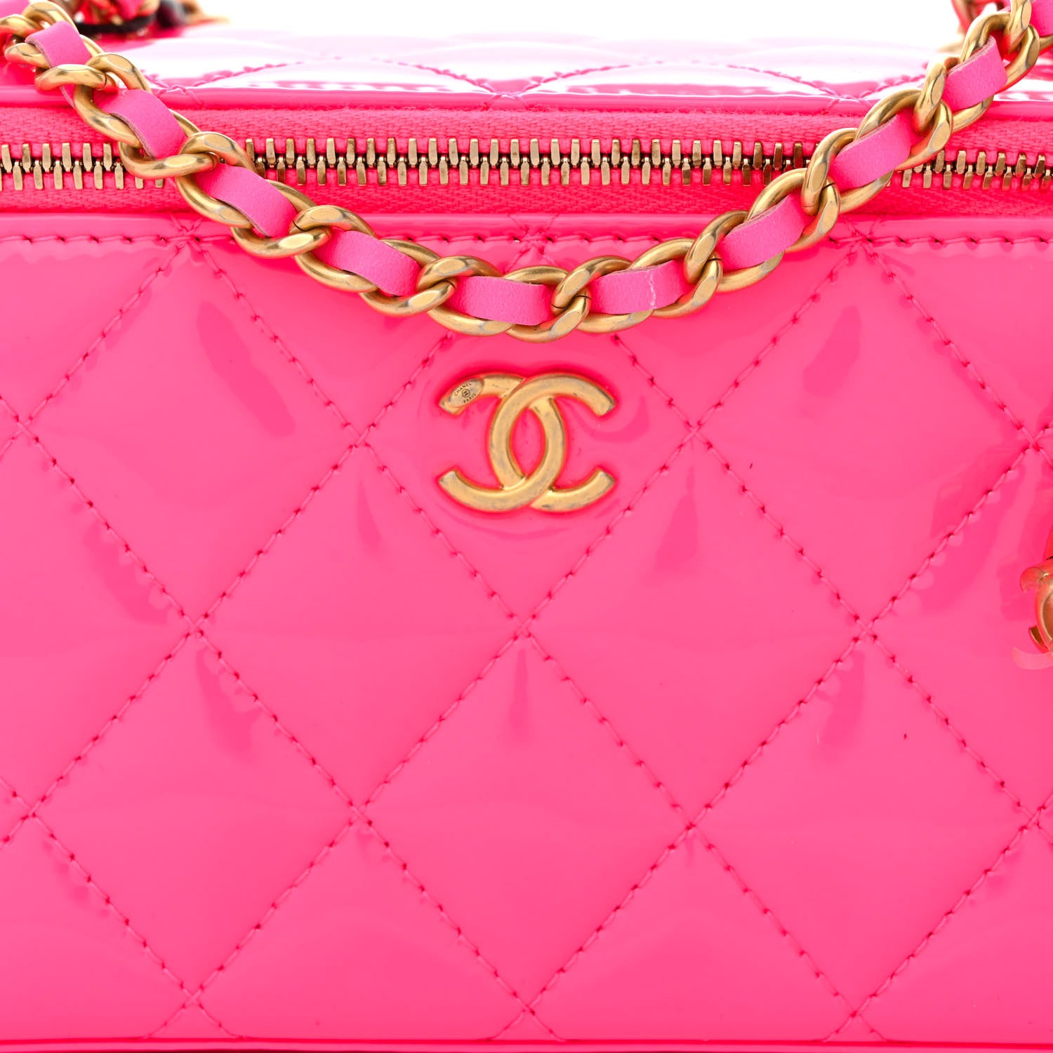 Chanel Patent Quilted Pearl Crush Small Vanity Case With Chain Neon Pink 8 of 11