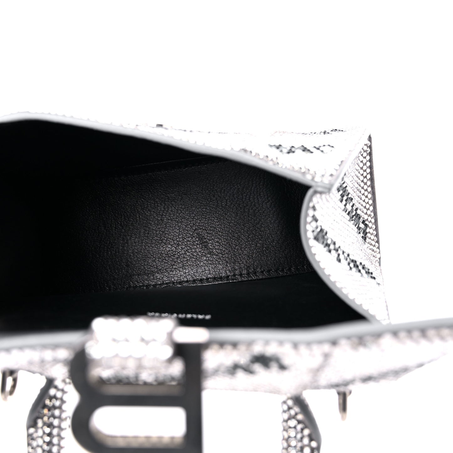 Strass Suede Allover Logo Hourglass Top Handle Bag XS with Chain Silver Black