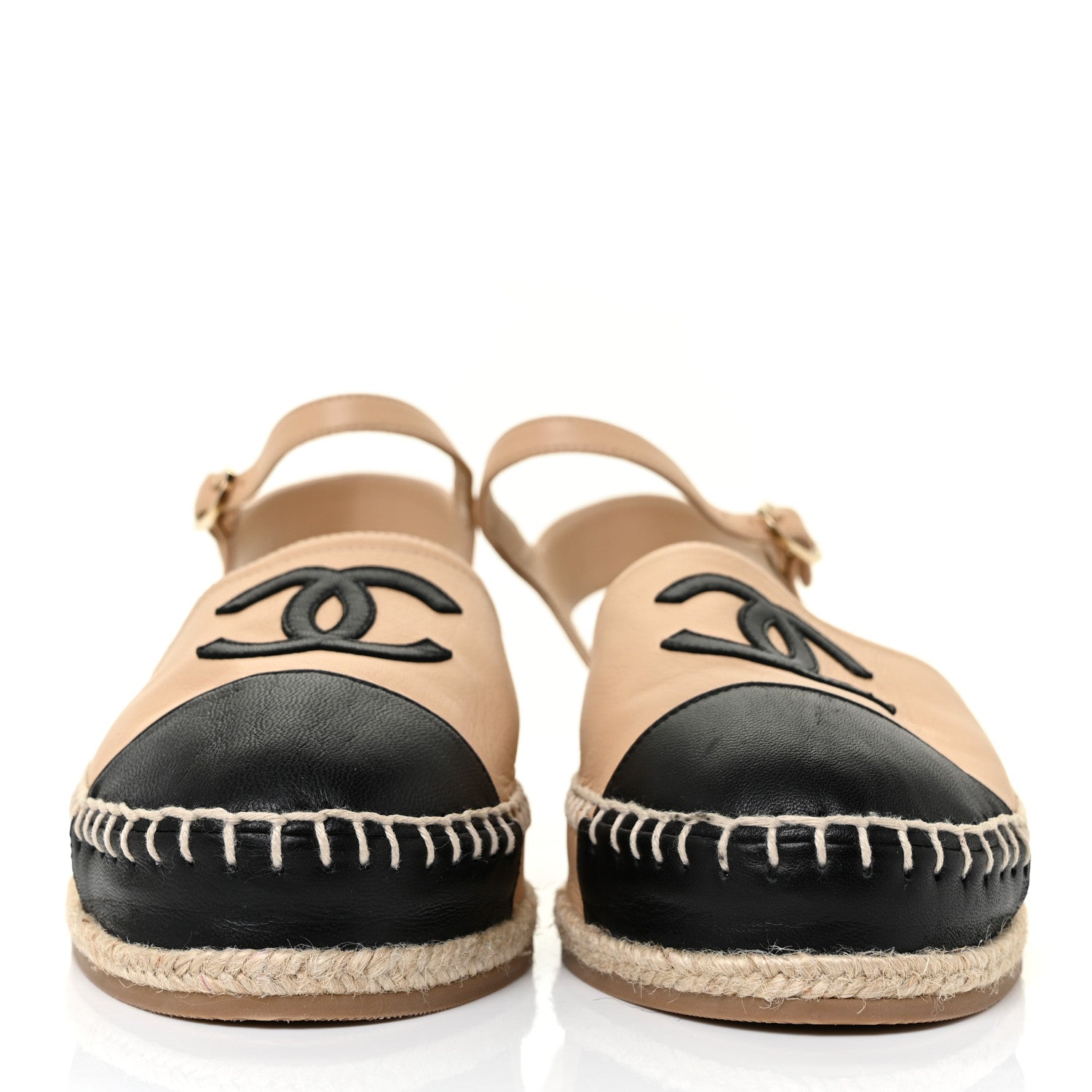 Chanel Lambskin Cap Toe CC Espadrille Sandals 37 Beige Black 6 of 9