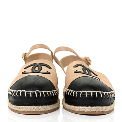 Chanel Lambskin Cap Toe CC Espadrille Sandals 37 Beige Black 6 of 9