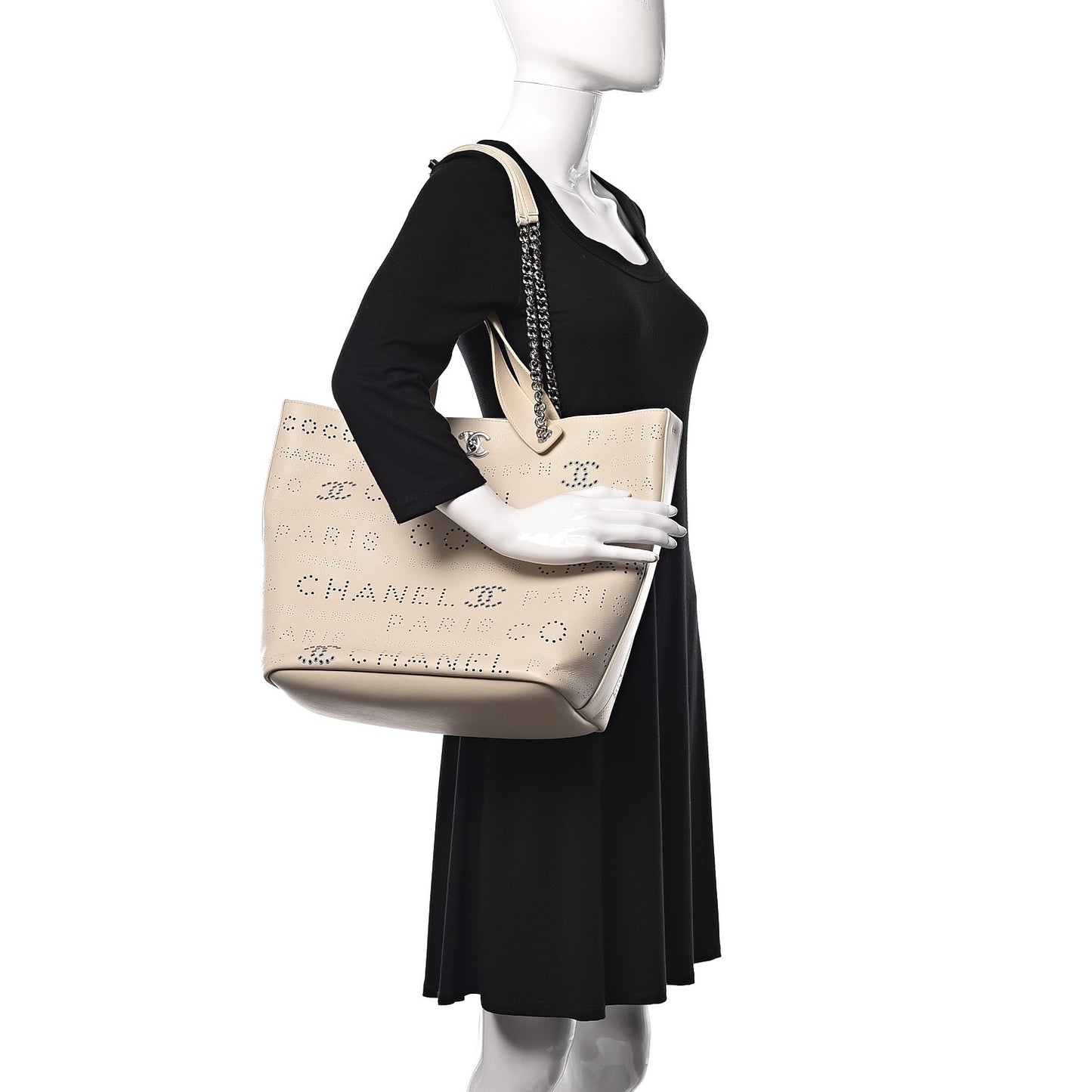 Calfskin Eyelet Large Shopping Tote Ivory