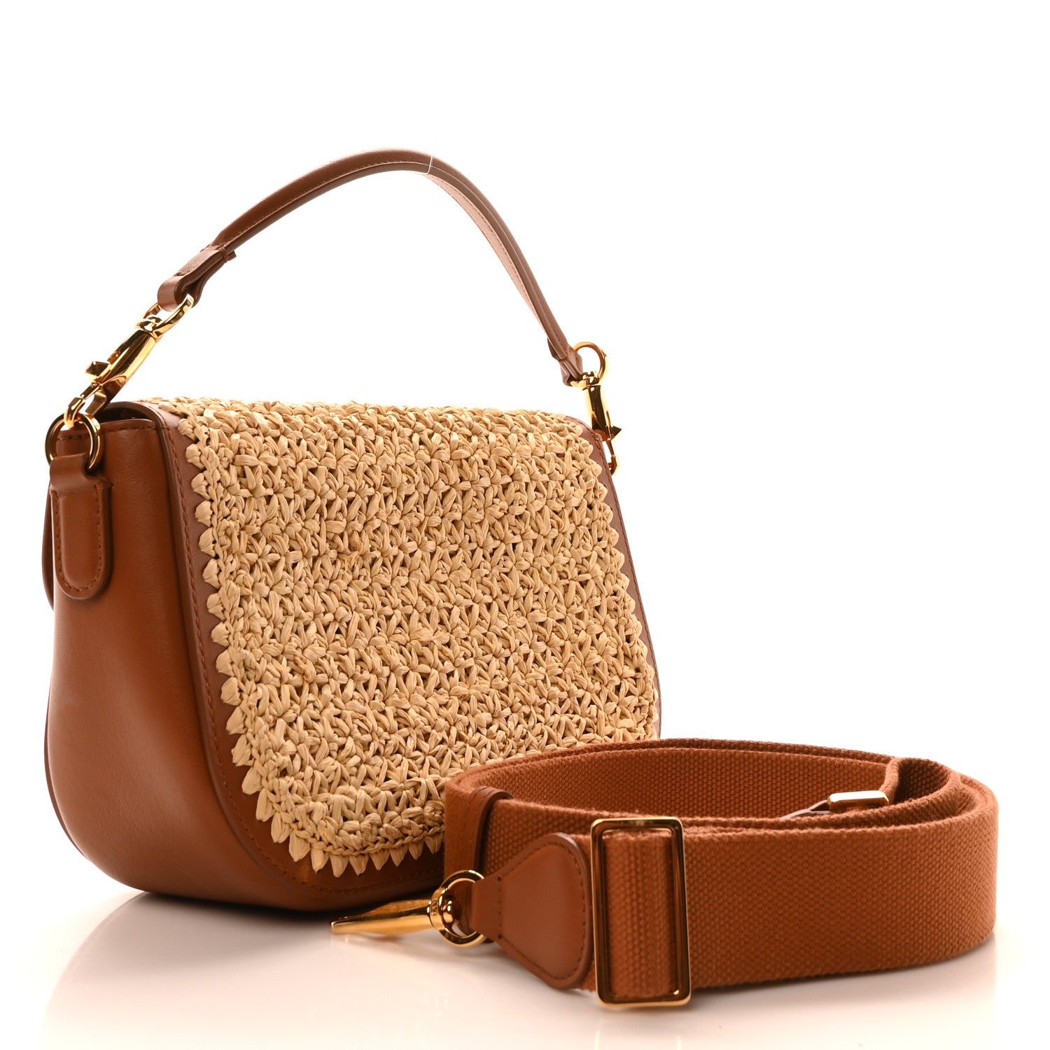 Valentino Garavani Raffia Calfskin Vlogo Alltime Shoulder Bag Natural Saddle Brown 3 of 9