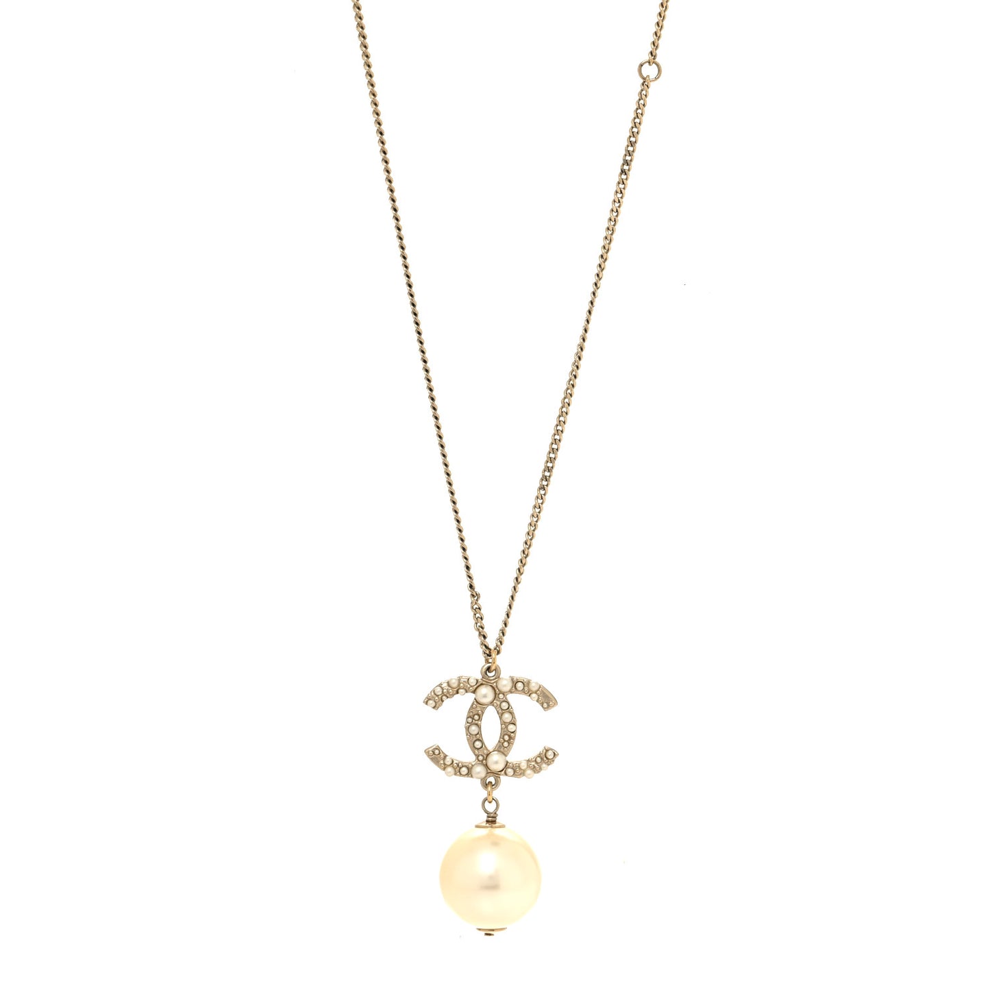 Crystal Pearl CC Drop Necklace Gold