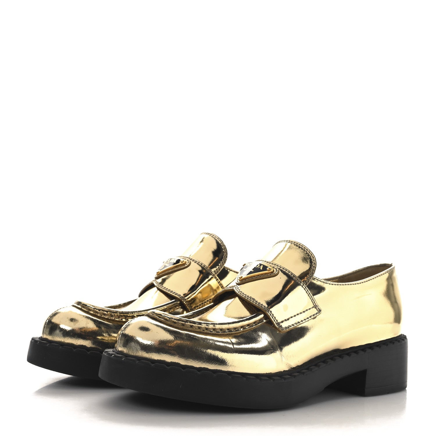 Prada Metallic Brushed Calfskin Metal Triangle Logo 50mm Loafers 37.5 Platino 4 of 10