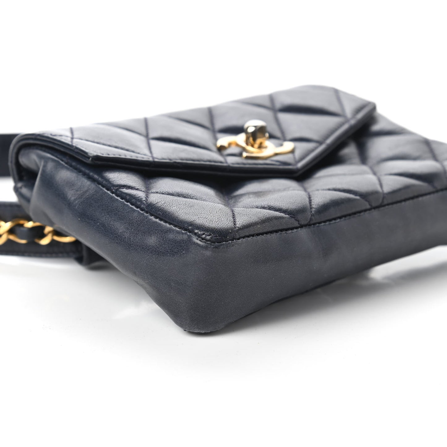 Lambskin Quilted Flap Waist Belt Bag Navy