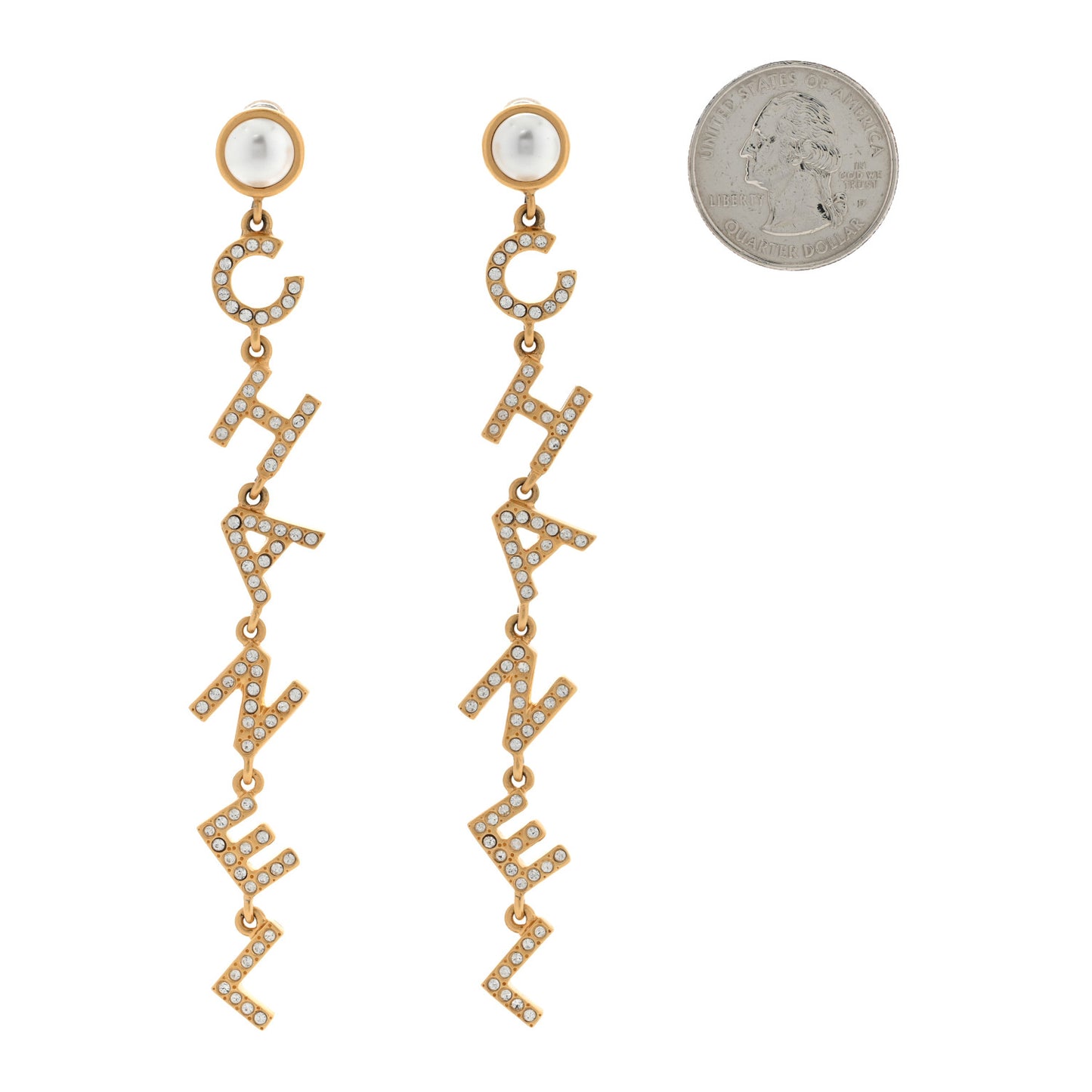 Crystal Pearl Logo Drop Earrings Gold