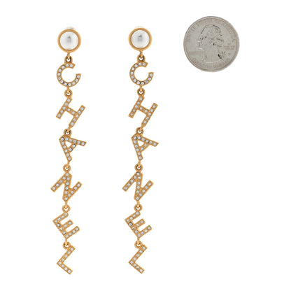 Chanel Crystal Pearl Logo Drop Earrings Gold 2 of 5