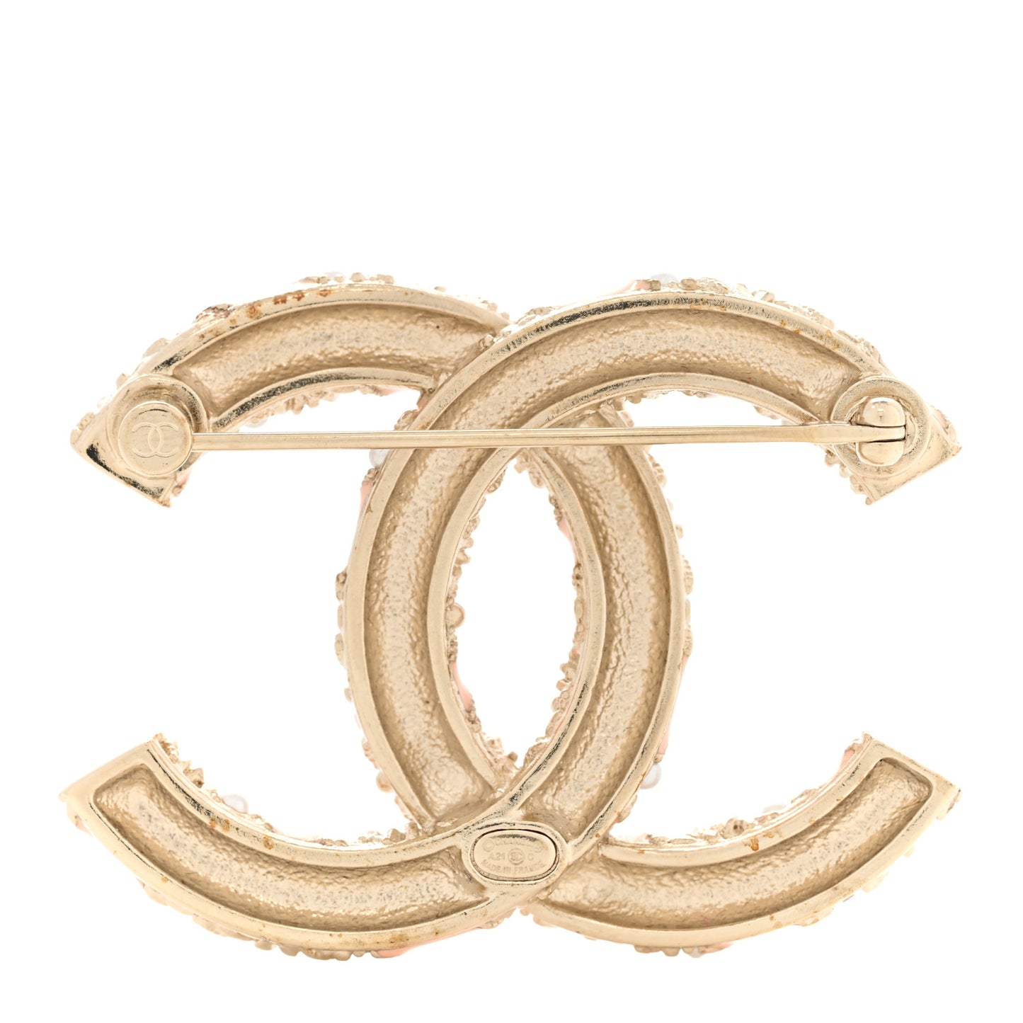 Enamel Pearl Crystal Twisted CC Brooch Gold Pale Pink