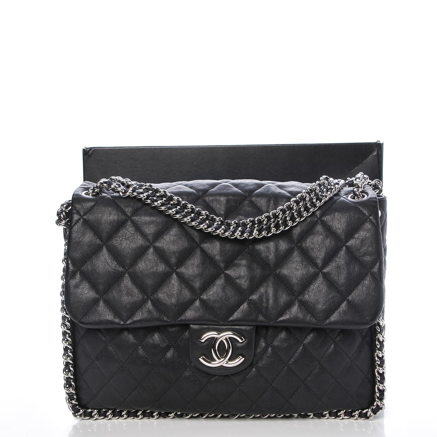 Washed Lambskin Quilted Maxi Chain Around Flap Black