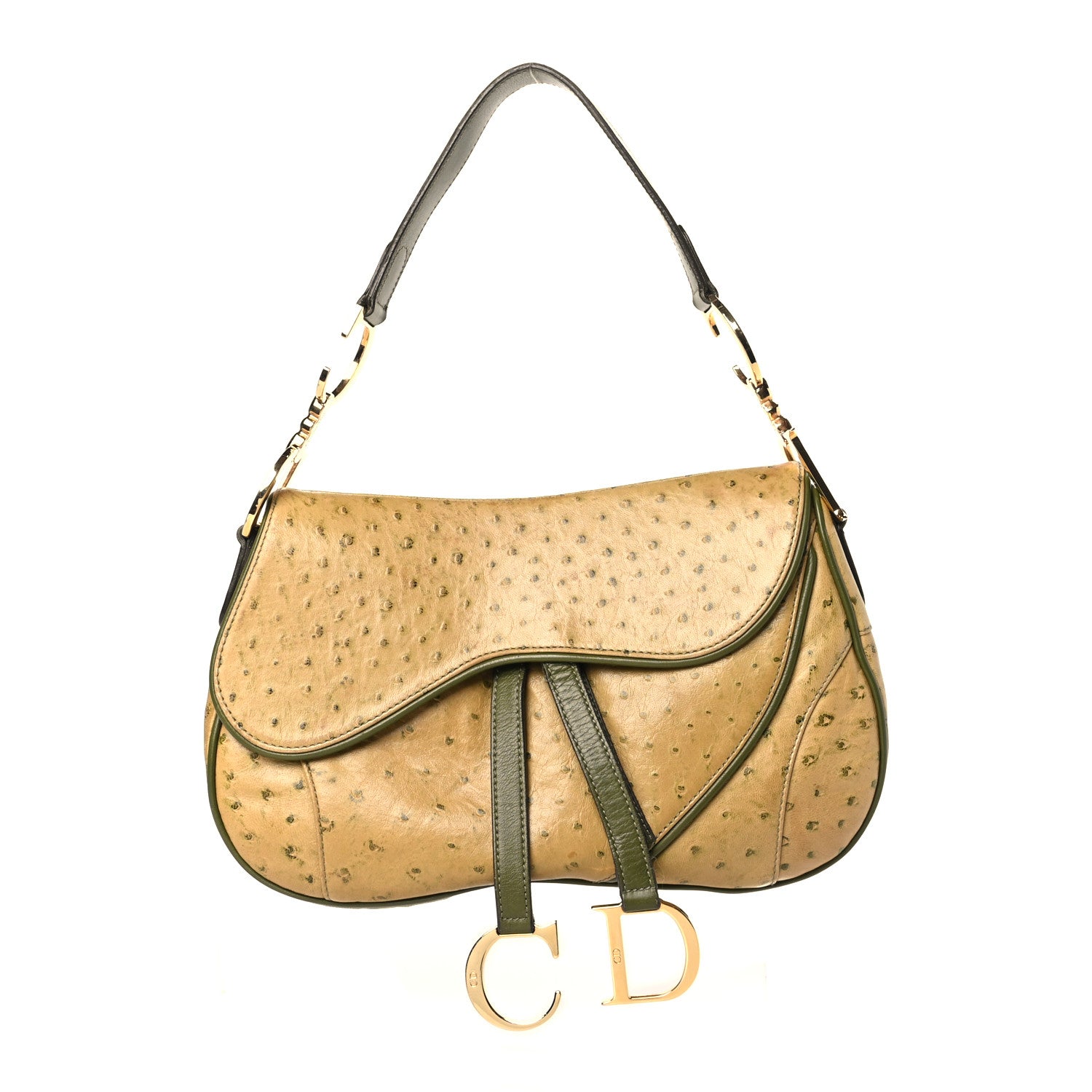 Christian Dior Ostrich Double Saddle Bag Beige Green 1 of 13