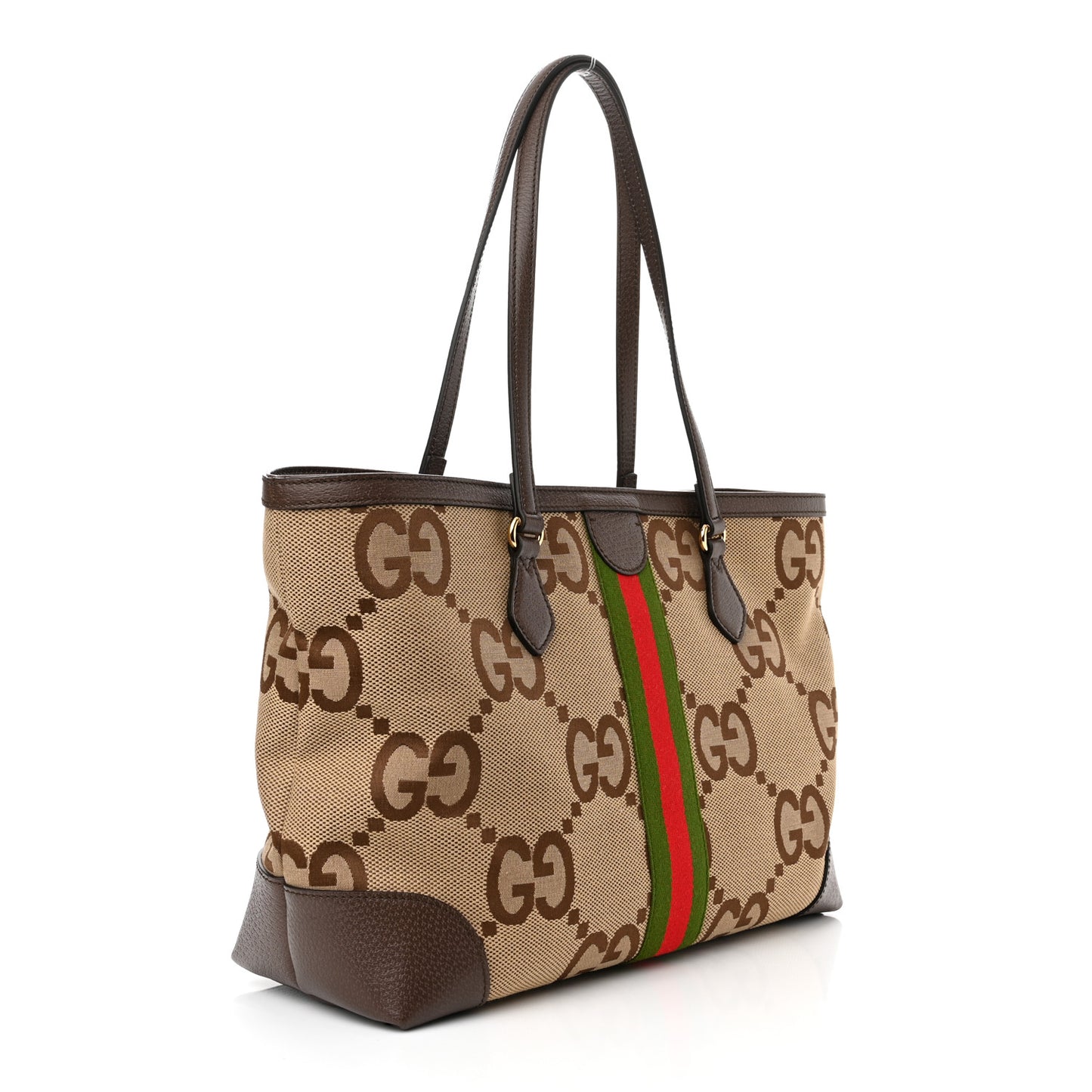 Monogram Jumbo GG Textured Dollar Calfskin Web Medium Ophidia Shopping Tote Camel Ebony