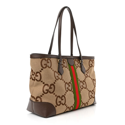 Gucci Monogram Jumbo GG Textured Dollar Calfskin Web Medium Ophidia Shopping Tote Camel Ebony 3 of 11