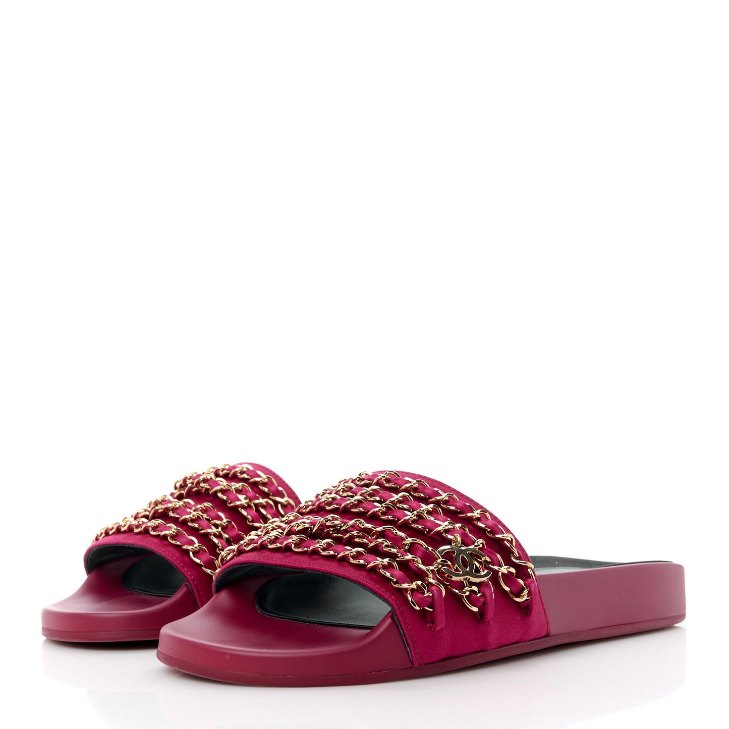 Satin Canvas Chain Slides Sandals Flats 38 Dark Fuchsia