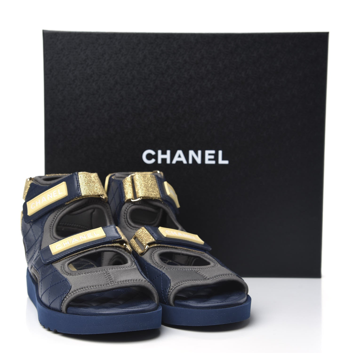 Chanel Goatskin Fabric Gladiator Sandals 38 Navy Blue Light Grey Yellow 8 of 8