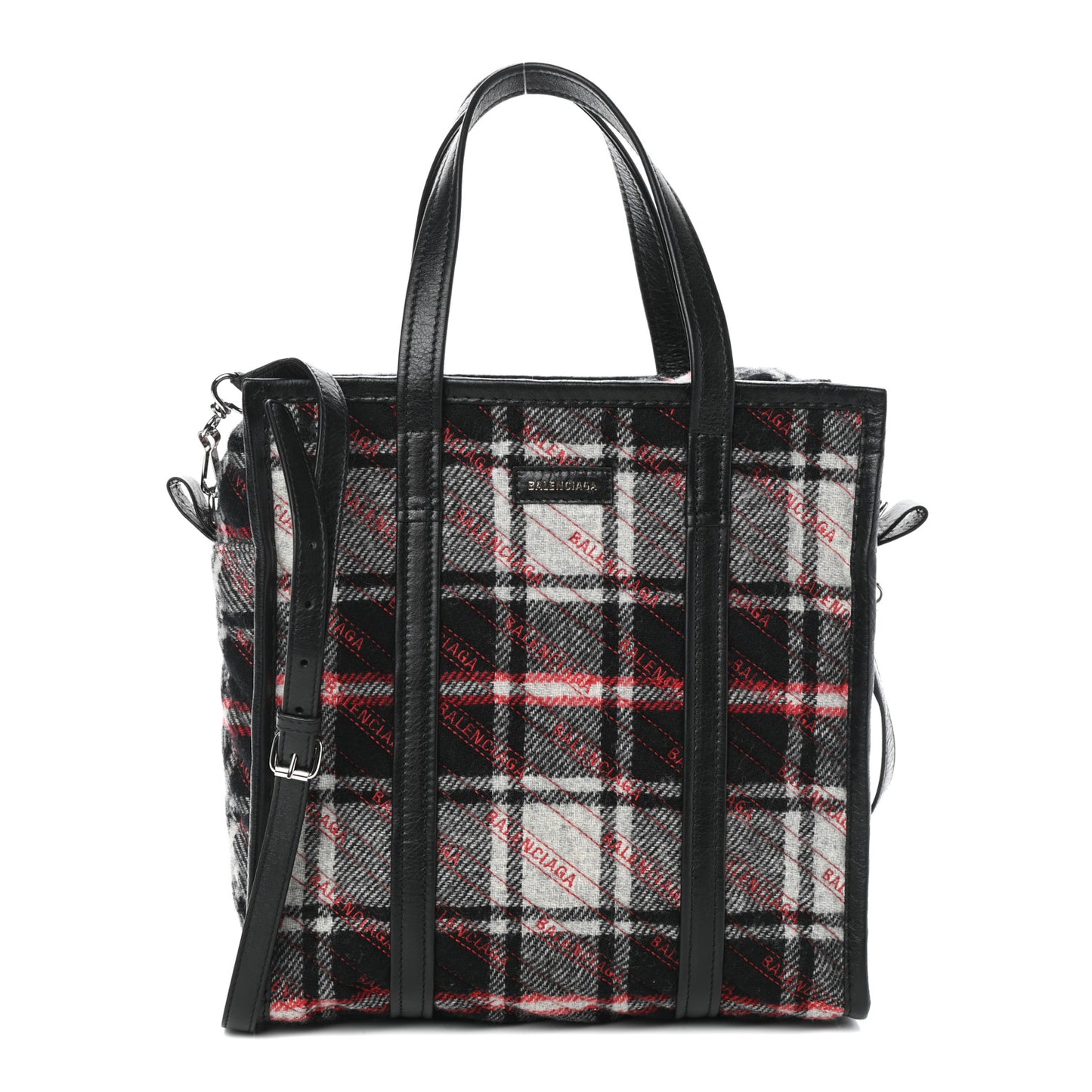 Wool Cuir Arena Plaid Diagonal Allover Logo Matelasse S Bazar Shopper Tote Black White Red