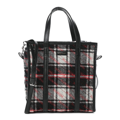 Balenciaga Wool Cuir Arena Plaid Diagonal Allover Logo Matelasse S Bazar Shopper Tote Black White Red 1 of 9