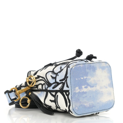 Fendi X JOSHUA VIDES Fabric Flower Clouds Embroidered Mini Mon Tresor Bucket Bag White Celeste Black 4 of 13