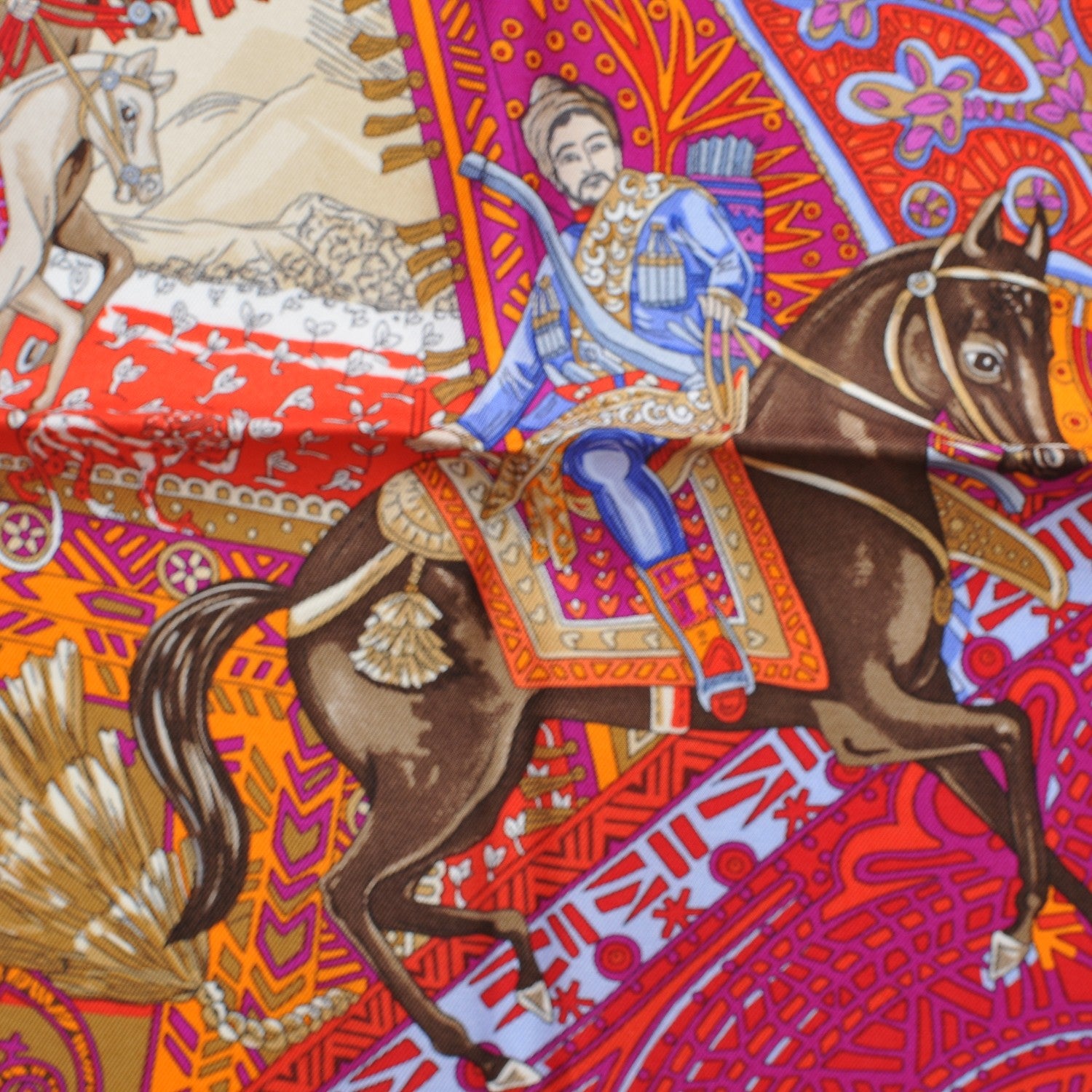 Hermes Silk Cavaliers du Caucase Scarf 90 Orange Fuchsia Parme 5 of 9