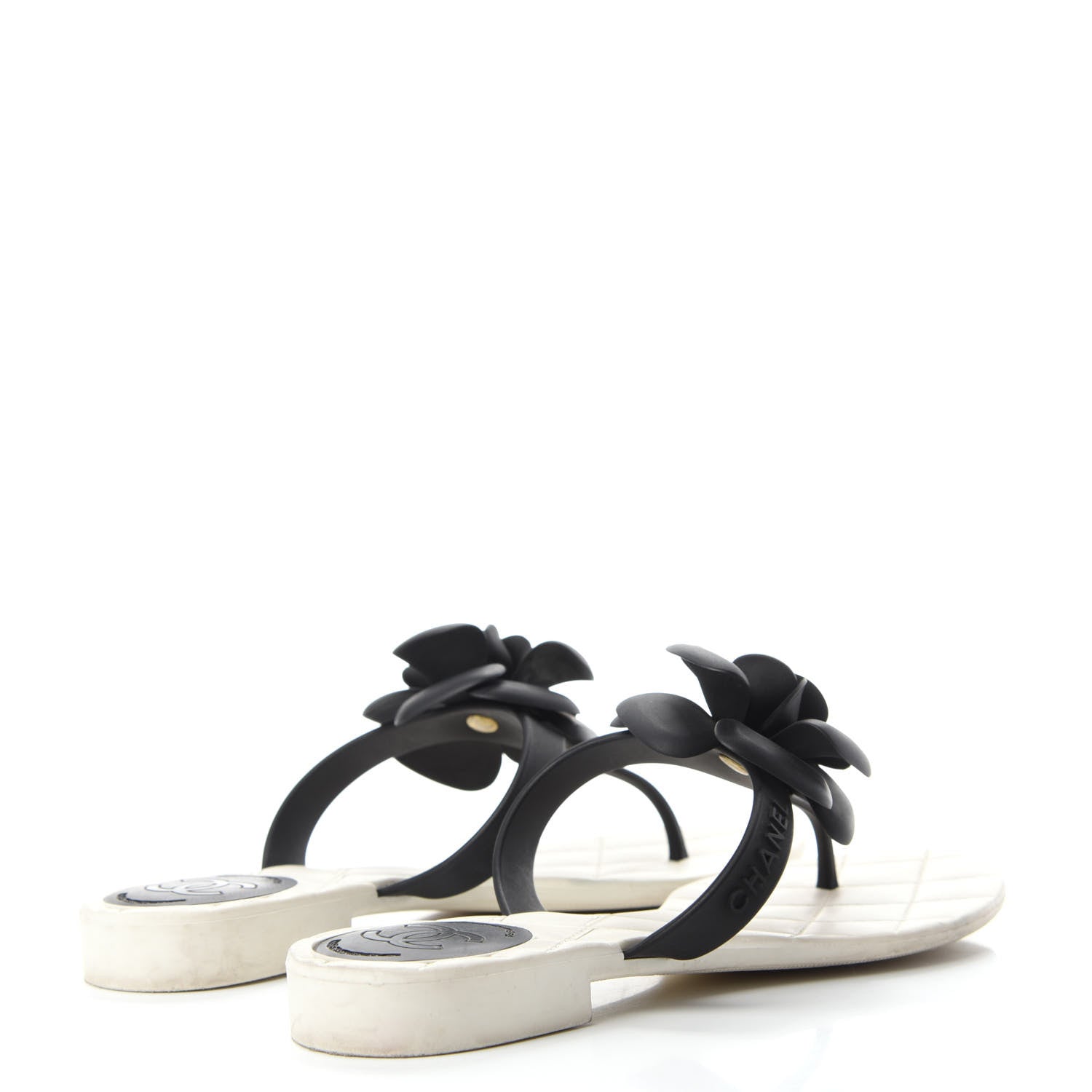 Chanel Jelly Quilted Camellia Thong Sandals 36 Black White 4 of 9