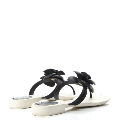 Chanel Jelly Quilted Camellia Thong Sandals 36 Black White 4 of 9