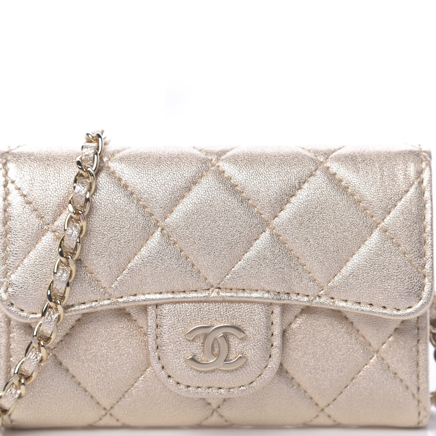 Metallic Lambskin Quilted Flap Chain Waist Bag Gold