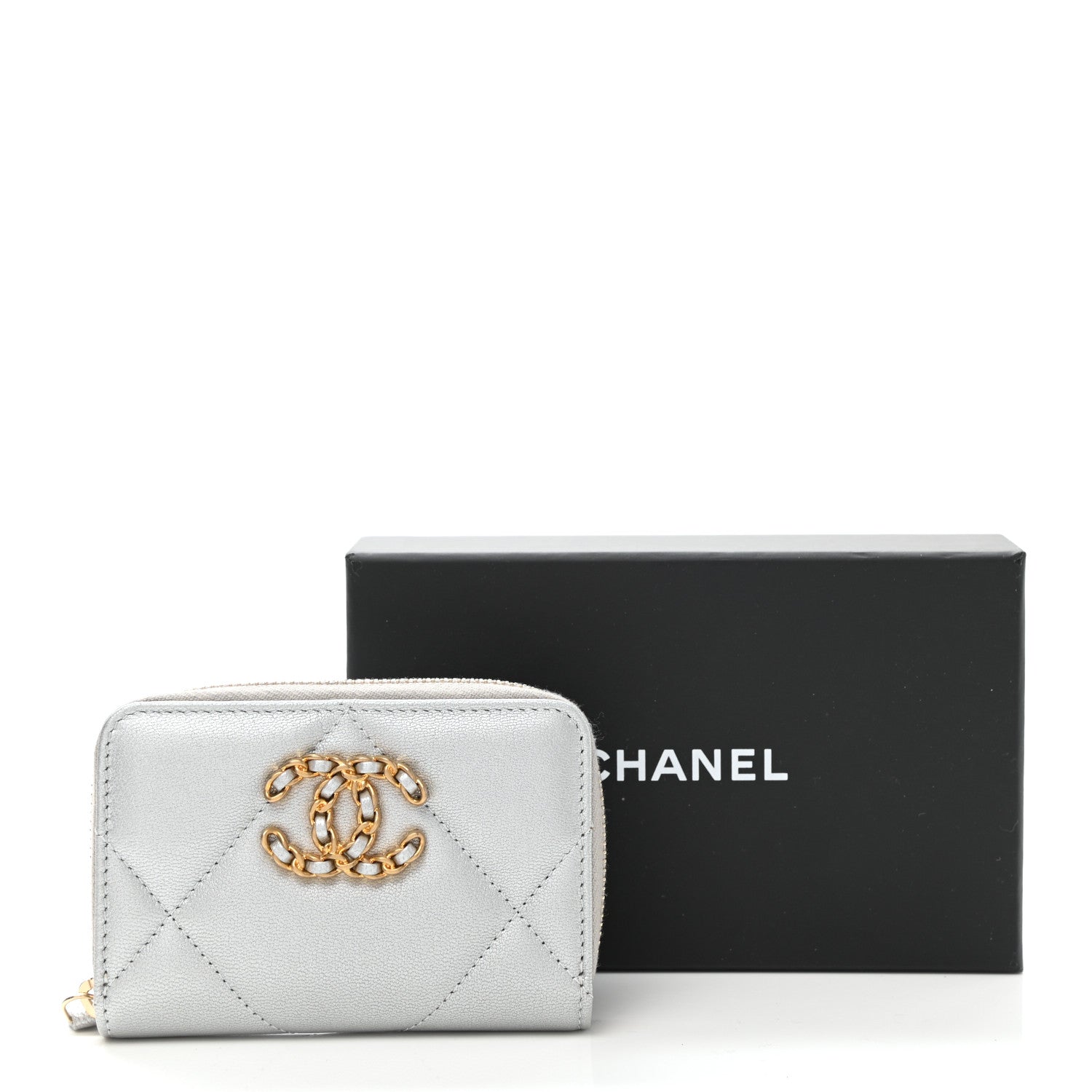 Chanel Metallic Goatskin Quilted Chanel 19 Zip Around Coin Purse Wallet Silver 8 of 8