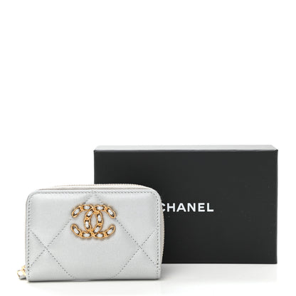 Chanel Metallic Goatskin Quilted Chanel 19 Zip Around Coin Purse Wallet Silver 15 of 15