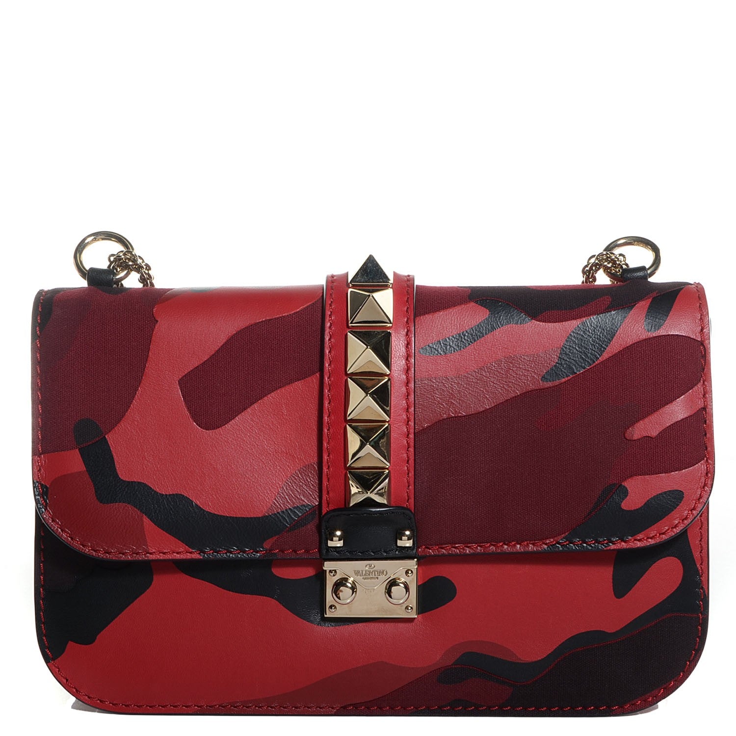 Valentino Garavani Nappa Canvas Camouflage Medium Glam Lock Rockstud Flap Red 1 of 8